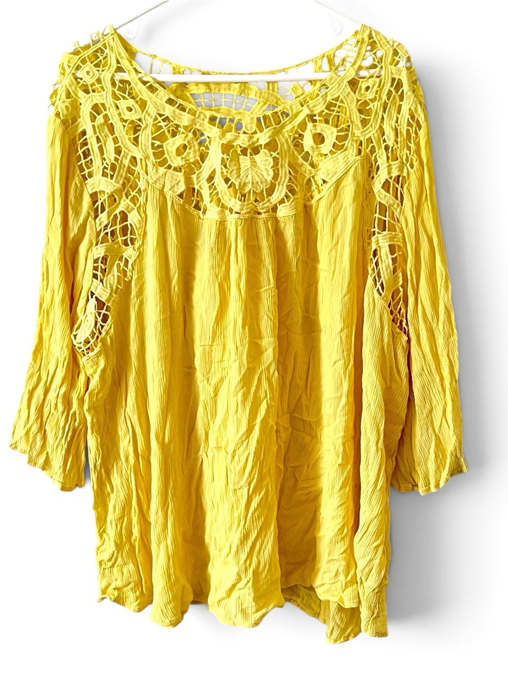 Roaman's Yellow Crochet Openwork Yoke Peasant Tunic Top 26 W